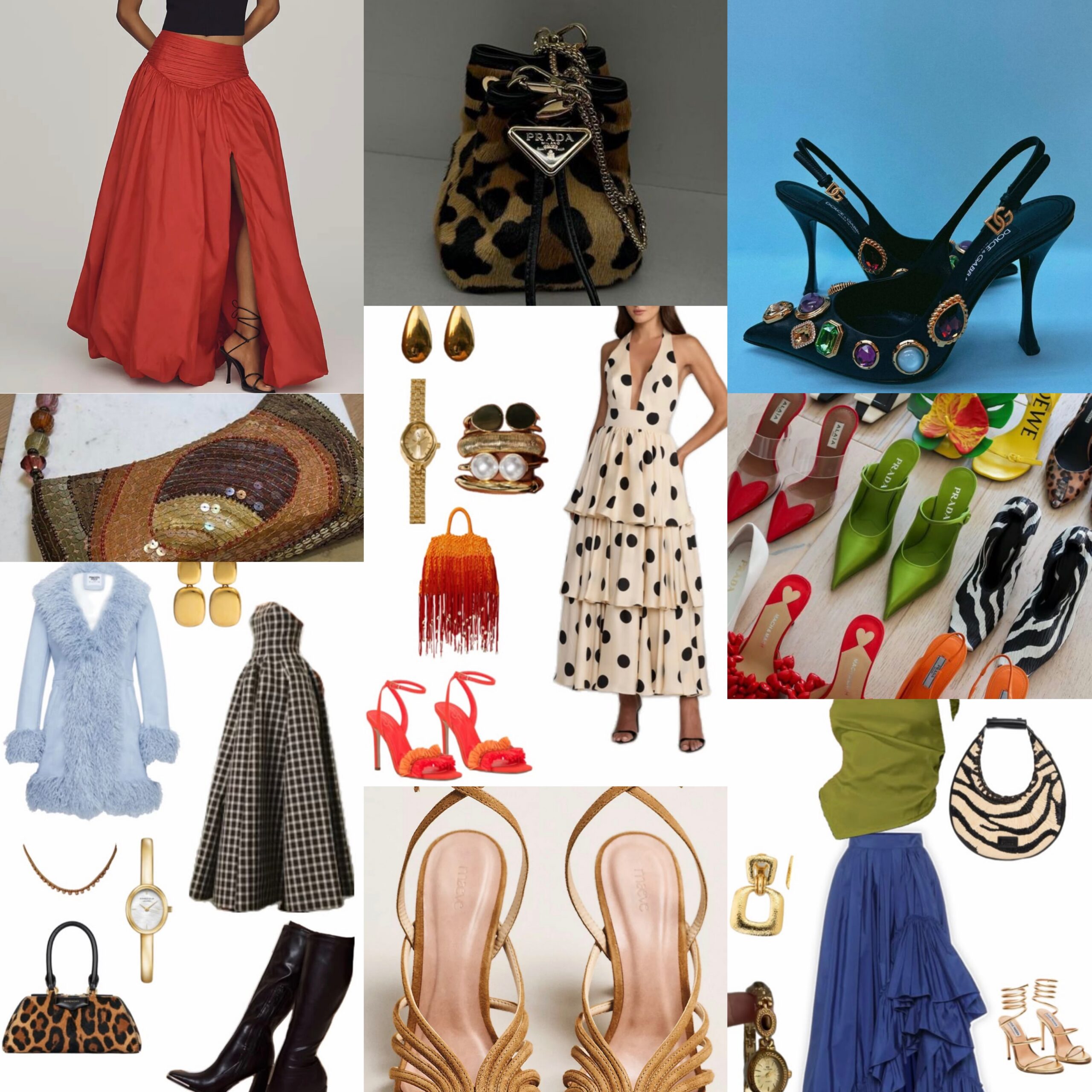 Editorial fashion mood board featuring statement skirts, polka dot dresses, leopard print handbags, colorful heels, gold jewelry, and luxury accessories for outfit inspiration.