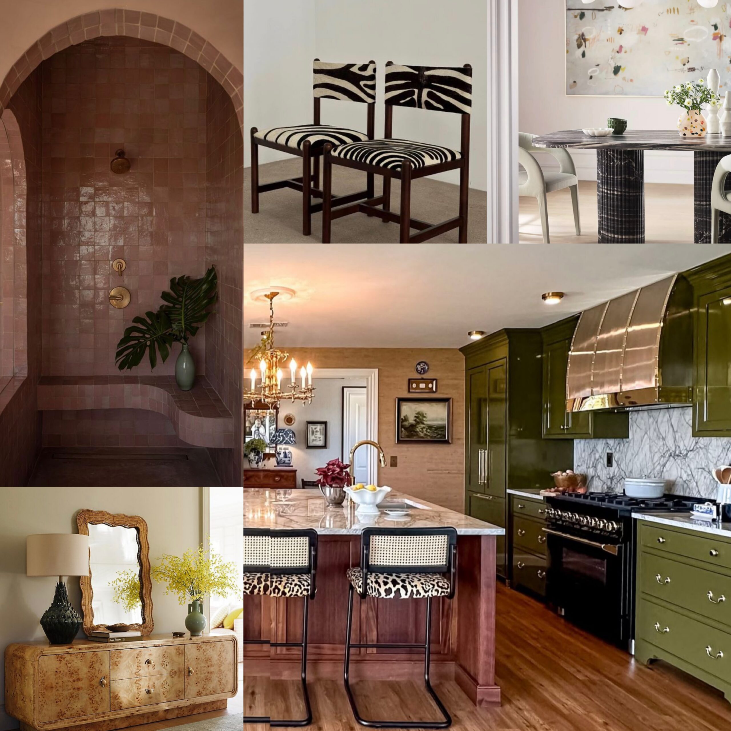 Interior design mood board featuring an arched pink tile shower, olive green kitchen cabinets, zebra print dining chairs, burl wood furniture, marble accents, and eclectic home decor inspiration