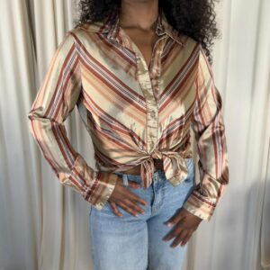Vintage Lady Manhattan satin striped button-up blouse in champagne, rust, and chocolate brown.
